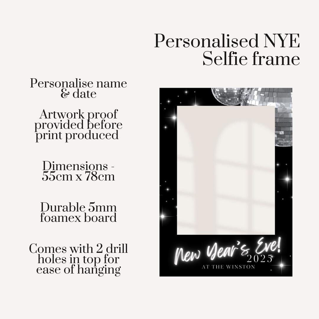 Personalised NYE Selfie Frame | New Year’s Eve Photo Booth Prop | Custom Party Sign | Disco Ball Theme | Event Décor | 55×78cm
