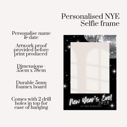 Personalised NYE Selfie Frame | New Year’s Eve Photo Booth Prop | Custom Party Sign | Disco Ball Theme | Event Décor | 55×78cm