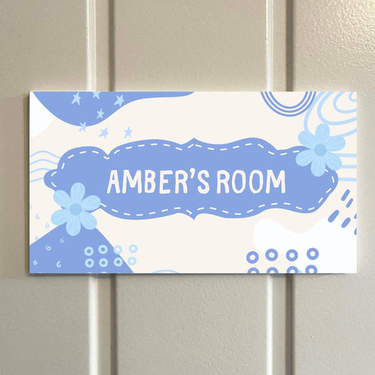 Personalised Room Sign | Custom Door Plaque for Kids Bedrooms | Blue Floral Abstract Design | Name Sign | Foam Board Wal