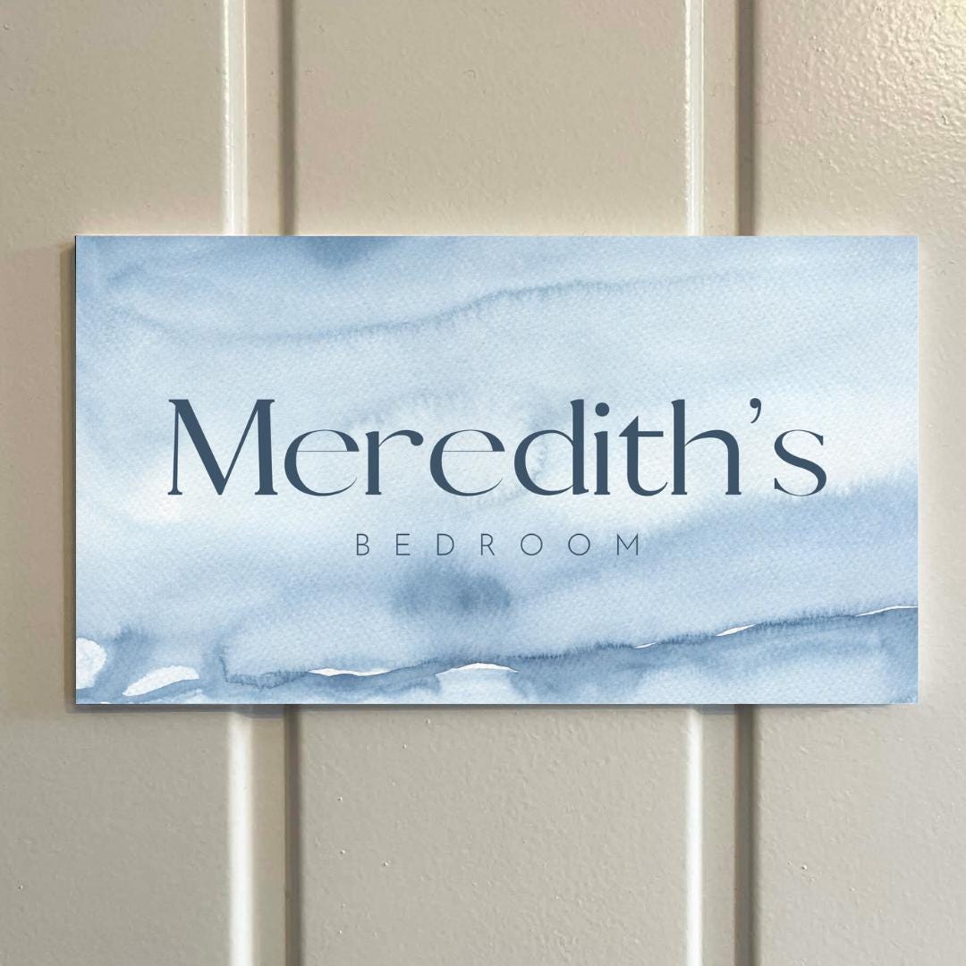 Personalised Bedroom Door Sign | Custom Name Room Plaque | Blue Watercolour Kids Door Sign | Modern Minimalist Name Sign