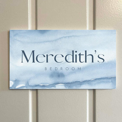 Personalised Bedroom Door Sign | Custom Name Room Plaque | Blue Watercolour Kids Door Sign | Modern Minimalist Name Sign