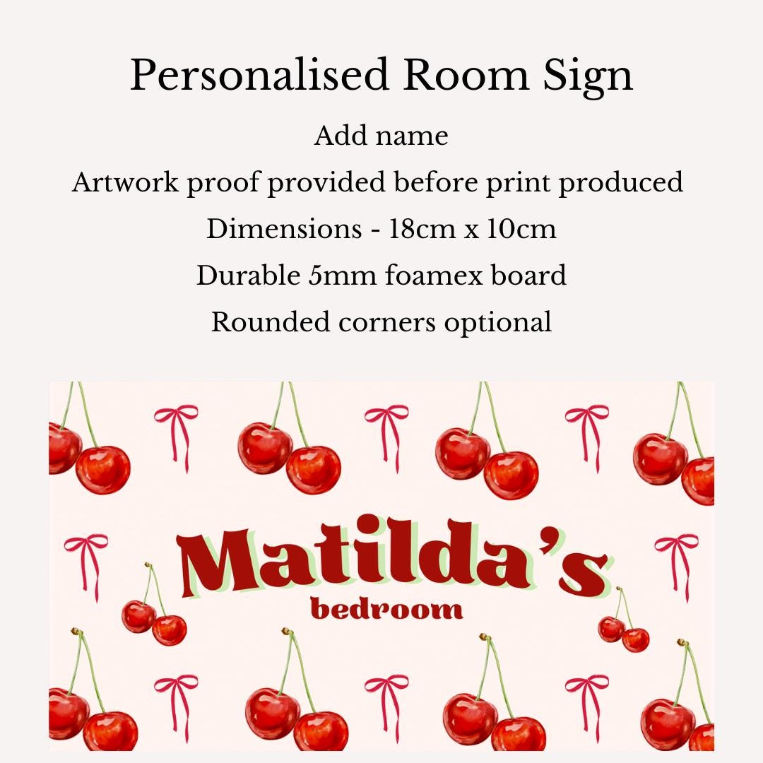 Personalised Cherry Room Sign | Custom Kids Bedroom Door Plaque | Vintage Cherry Print Décor | Cute Girls Room Sign | Custom Name Gift