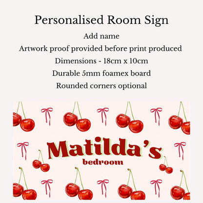 Personalised Cherry Room Sign | Custom Kids Bedroom Door Plaque | Vintage Cherry Print Décor | Cute Girls Room Sign | Custom Name Gift