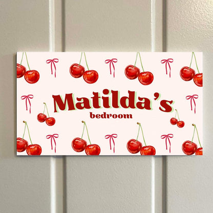 Personalised Cherry Room Sign | Custom Kids Bedroom Door Plaque | Vintage Cherry Print Décor | Cute Girls Room Sign | Cu