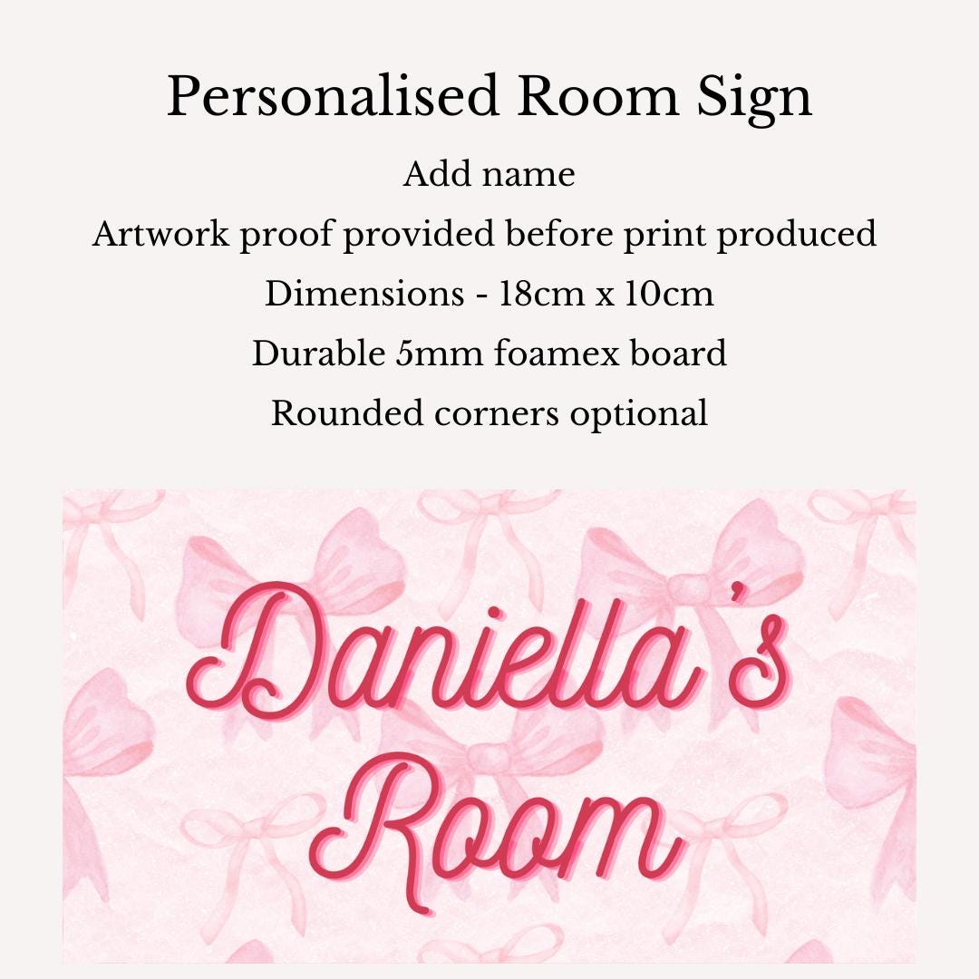 Personalised Bow Room Sign | Custom Name Bedroom Door Plaque | Pink Girly Décor | Cute Bow Aesthetic | Kids Room Sign | Gift for Girls