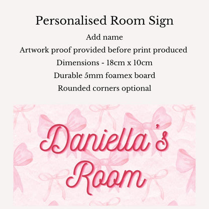 Personalised Bow Room Sign | Custom Name Bedroom Door Plaque | Pink Girly Décor | Cute Bow Aesthetic | Kids Room Sign | Gift for Girls