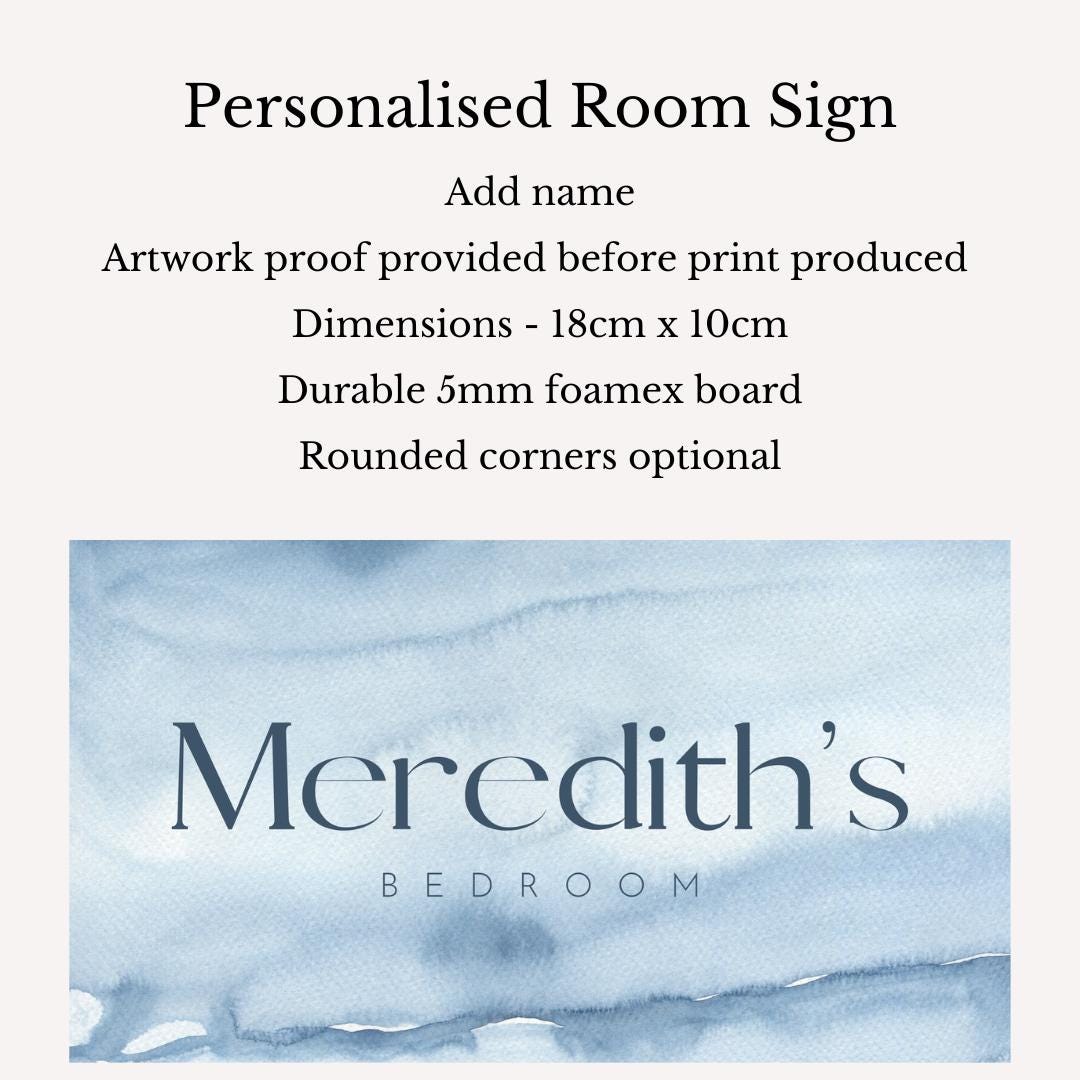 Personalised Bedroom Door Sign | Custom Name Room Plaque | Blue Watercolour Kids Door Sign | Modern Minimalist Name Sign | Foamex Wall Decor