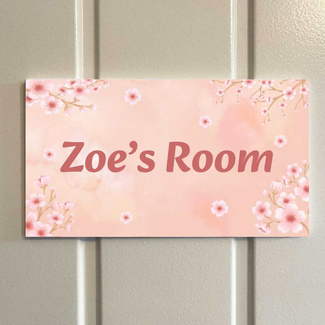 Personalised Cherry Blossom Room Sign | Custom Name Bedroom Door Plaque | Pink Floral Kids Room Decor | Flower Theme Nam