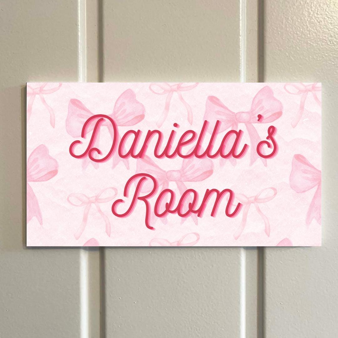 Personalised Bow Room Sign | Custom Name Bedroom Door Plaque | Pink Girly Décor | Cute Bow Aesthetic | Kids Room Sign | 