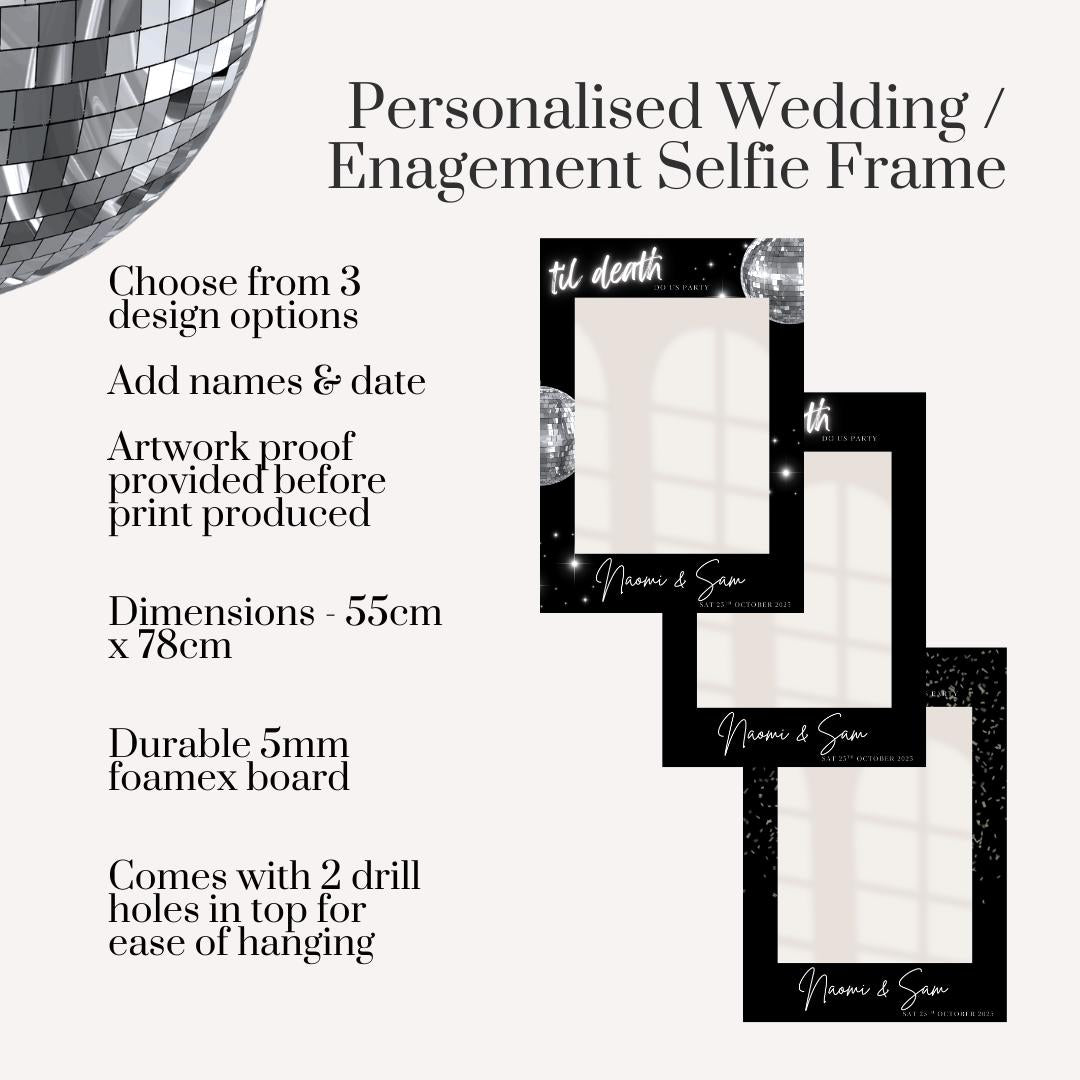 Til Death Do Us Party Selfie Frame | Disco Wedding Photo Booth Frame | Personalised Engagement Party Decor | Black & Silver Wedding Sign