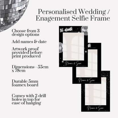 Til Death Do Us Party Selfie Frame | Disco Wedding Photo Booth Frame | Personalised Engagement Party Decor | Black & Silver Wedding Sign