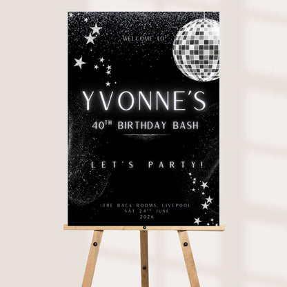 Personalised Milestone Birthday Welcome Board | Disco Birthday Sign | 30th 40th 50th Birthday Decor | Black & Silver Par
