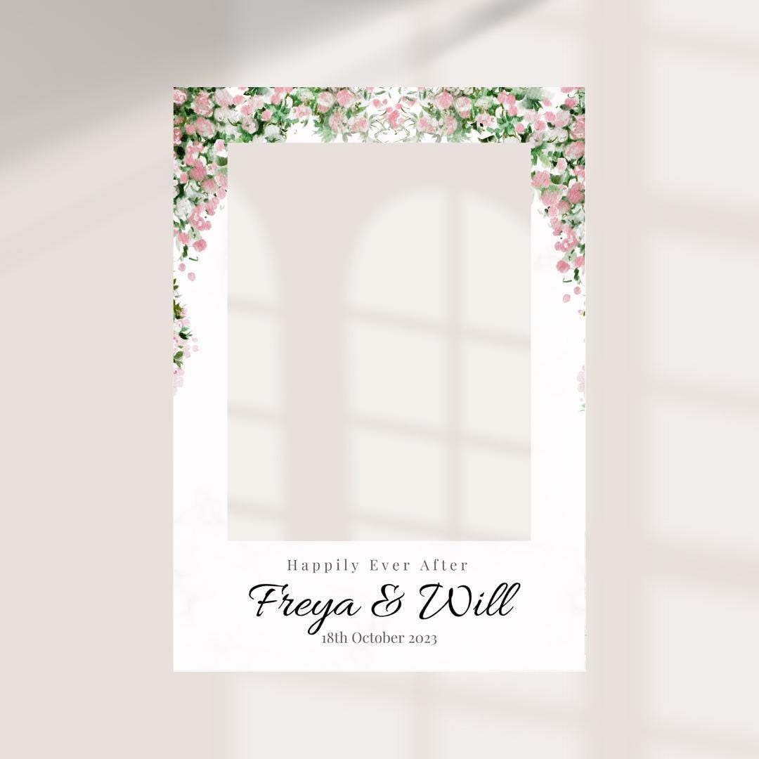 Personalised Pink Floral Wedding Selfie Frame | Happily Ever After Photo Booth Frame | Custom Names & Date