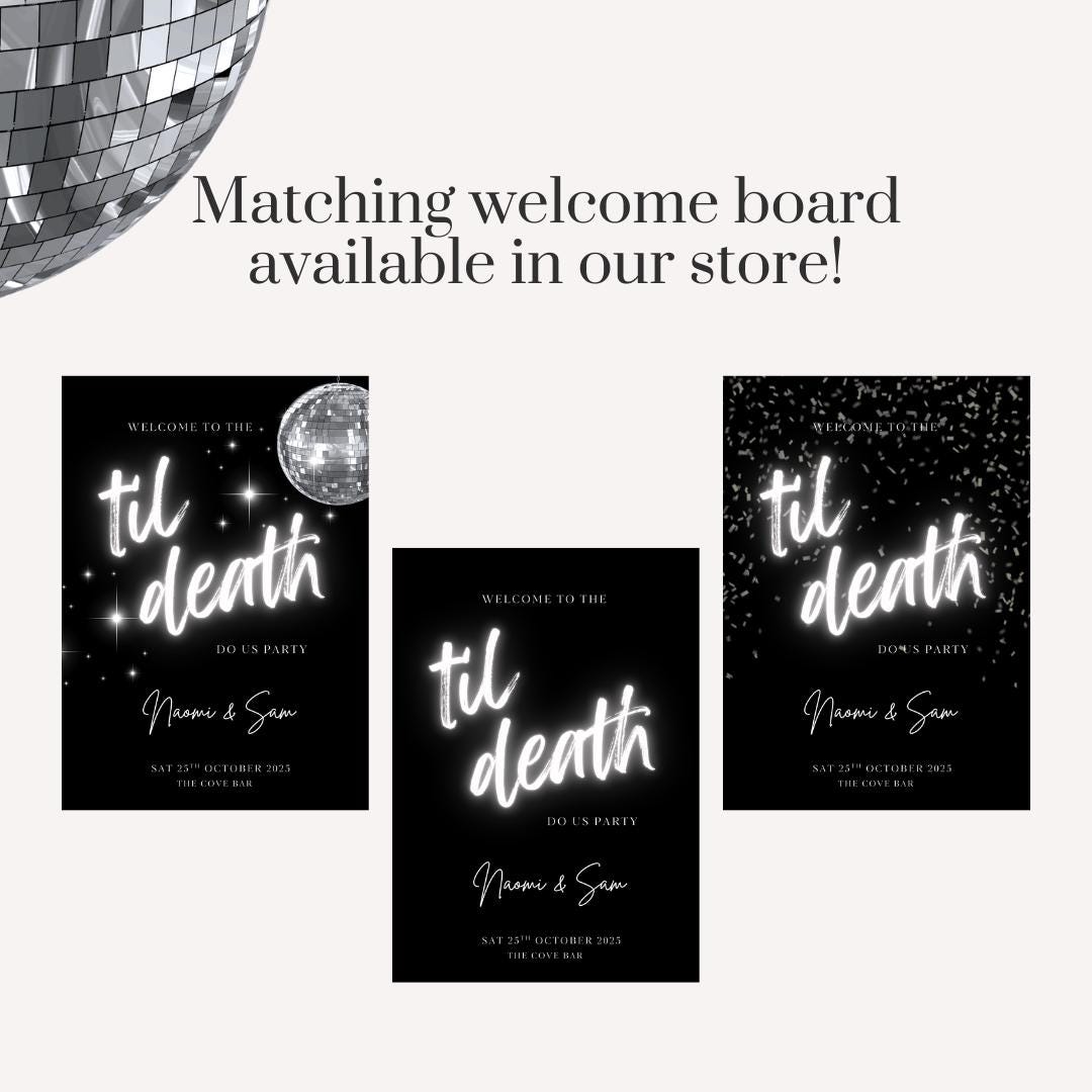 Til Death Do Us Party Selfie Frame | Disco Wedding Photo Booth Frame | Personalised Engagement Party Decor | Black & Silver Wedding Sign