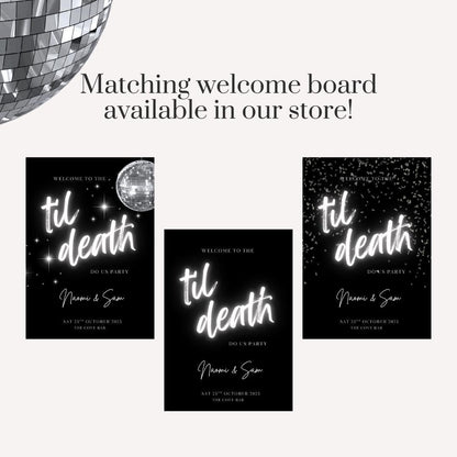 Til Death Do Us Party Selfie Frame | Disco Wedding Photo Booth Frame | Personalised Engagement Party Decor | Black & Silver Wedding Sign