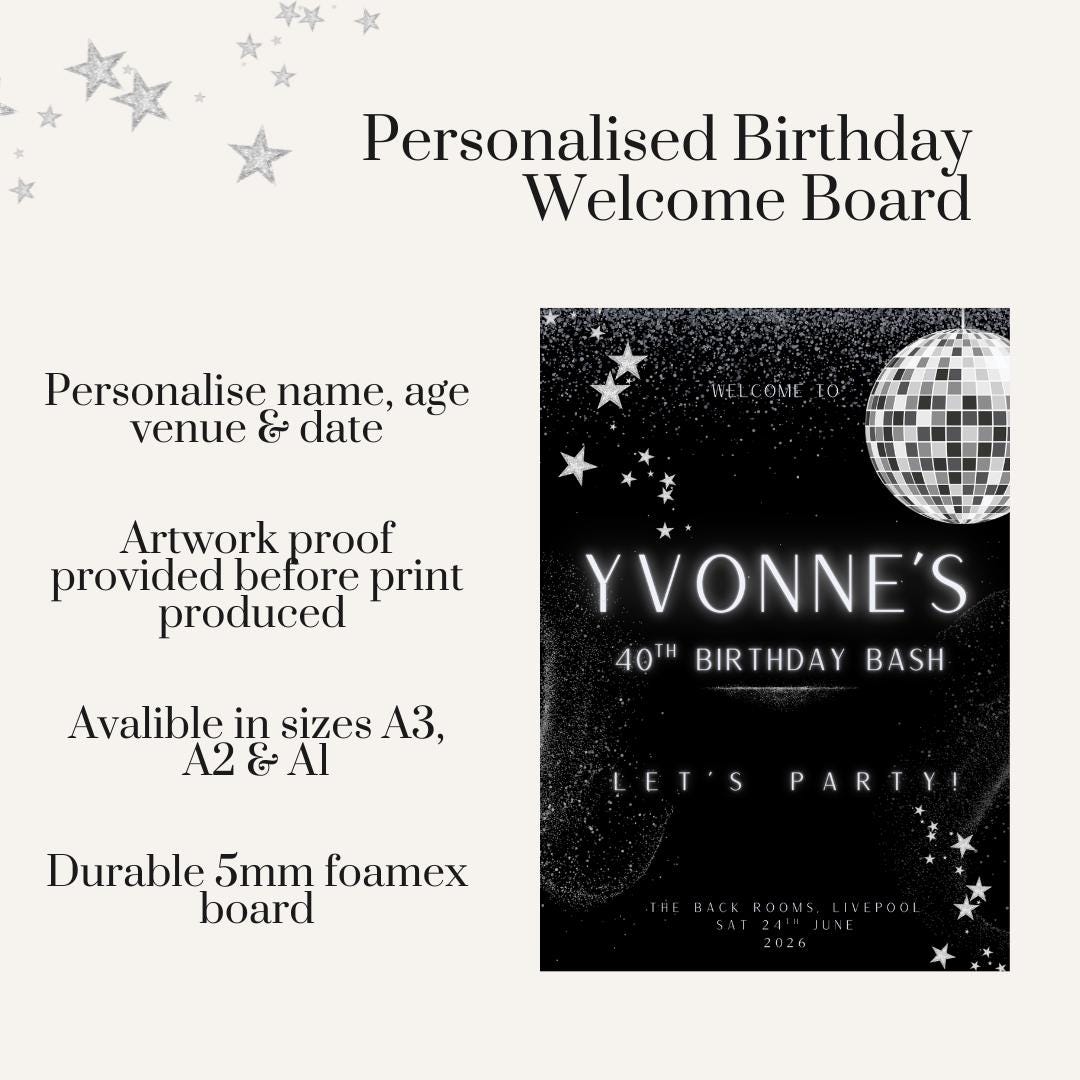 Personalised Milestone Birthday Welcome Board | Disco Birthday Sign | 30th 40th 50th Birthday Decor | Black & Silver Party Sign
