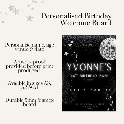 Personalised Milestone Birthday Welcome Board | Disco Birthday Sign | 30th 40th 50th Birthday Decor | Black & Silver Party Sign