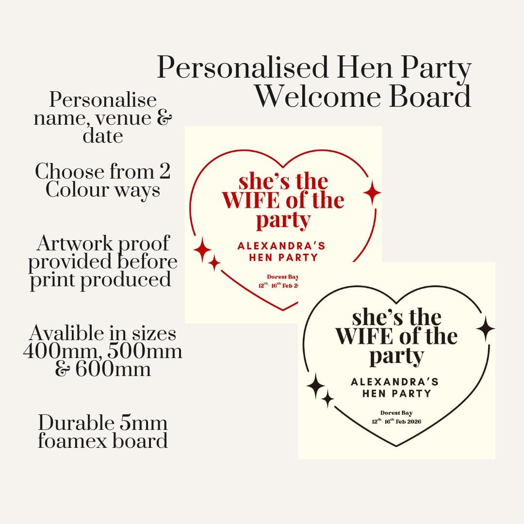 Personalised Hen Party Welcome Sign – “She’s the Wife of the Party” – Custom Bride Sign – Hen Weekend Decor – Bridal Party Welcome Board