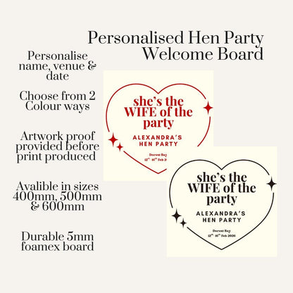 Personalised Hen Party Welcome Sign – “She’s the Wife of the Party” – Custom Bride Sign – Hen Weekend Decor – Bridal Party Welcome Board
