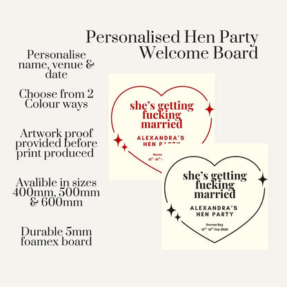 Rude Hen Party Welcome Sign – “She’s Getting F*cking Married” – Funny Bride to Be Sign – Personalised Hen Weekend Decor Board