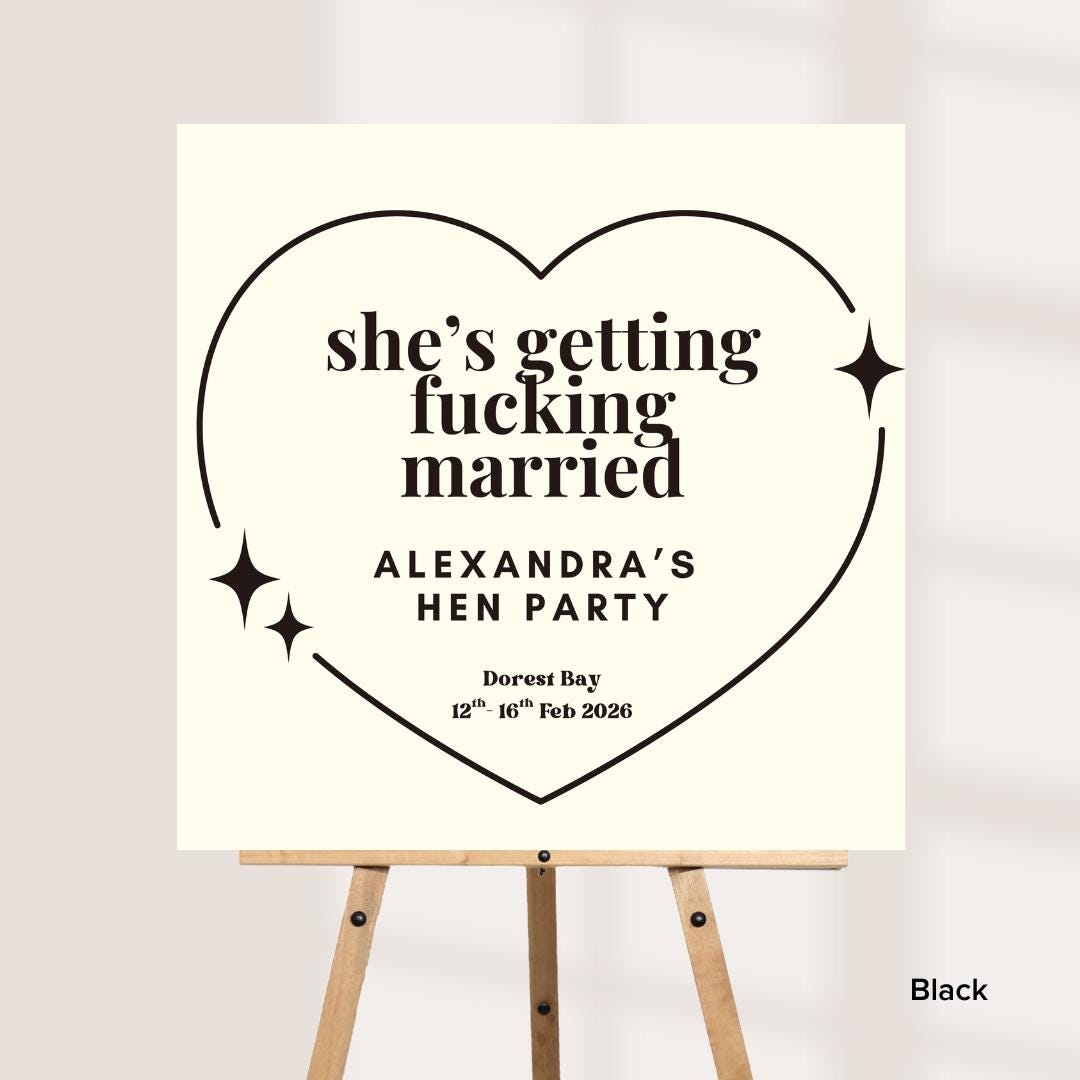 Rude Hen Party Welcome Sign – “She’s Getting F*cking Married” – Funny Bride to Be Sign – Personalised Hen Weekend Decor Board