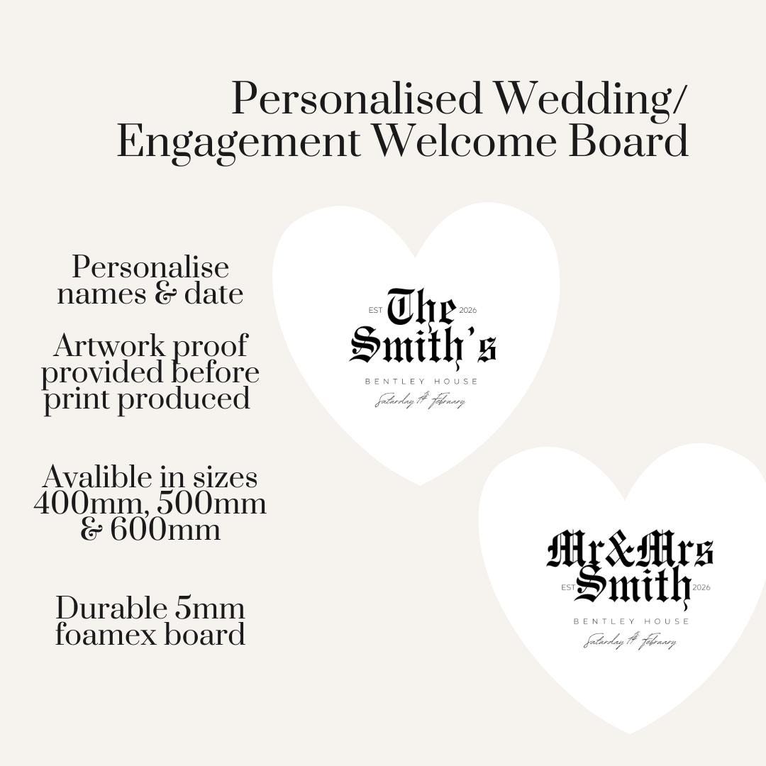 Personalised Wedding Welcome Sign – Modern Gothic Heart Board – Custom Couple Names Sign – Engagement or Wedding Decor