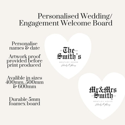Personalised Wedding Welcome Sign – Modern Gothic Heart Board – Custom Couple Names Sign – Engagement or Wedding Decor