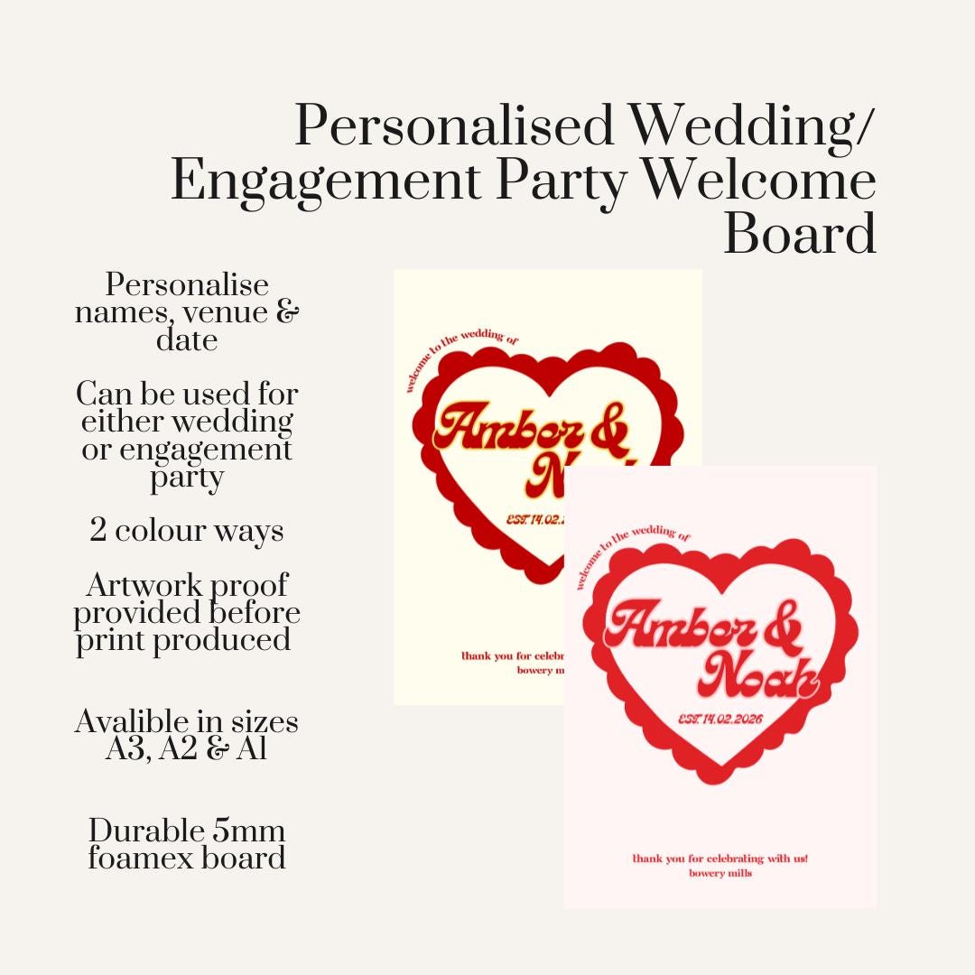 Personalised Wedding Welcome Sign – Retro Heart Engagement Party Board – Custom Couple Names Sign – Fun Modern Wedding Decor 2 Colours