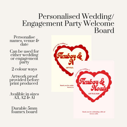 Personalised Wedding Welcome Sign – Retro Heart Engagement Party Board – Custom Couple Names Sign – Fun Modern Wedding Decor 2 Colours