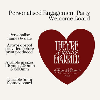 Personalised Engagement Party Welcome Sign – “They’re Getting Married” Heart Board – Elegant Couple Names Sign – Wedding Party Decor