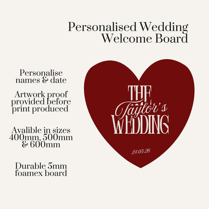 Personalised Wedding Welcome Sign – Elegant Burgundy Heart Board – Custom Surname Wedding Decor