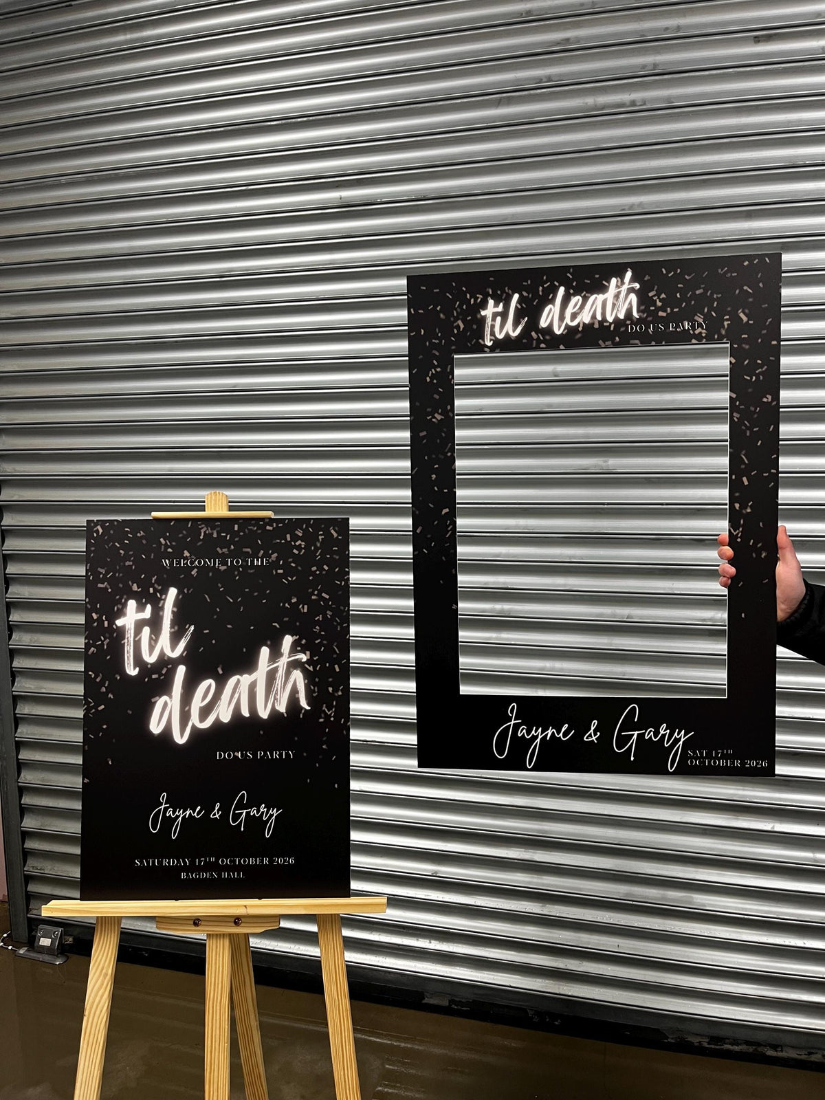 Til Death Do Us Party Selfie Frame | Disco Wedding Photo Booth Frame | Personalised Engagement Party Decor | Black & Silver Wedding Sign