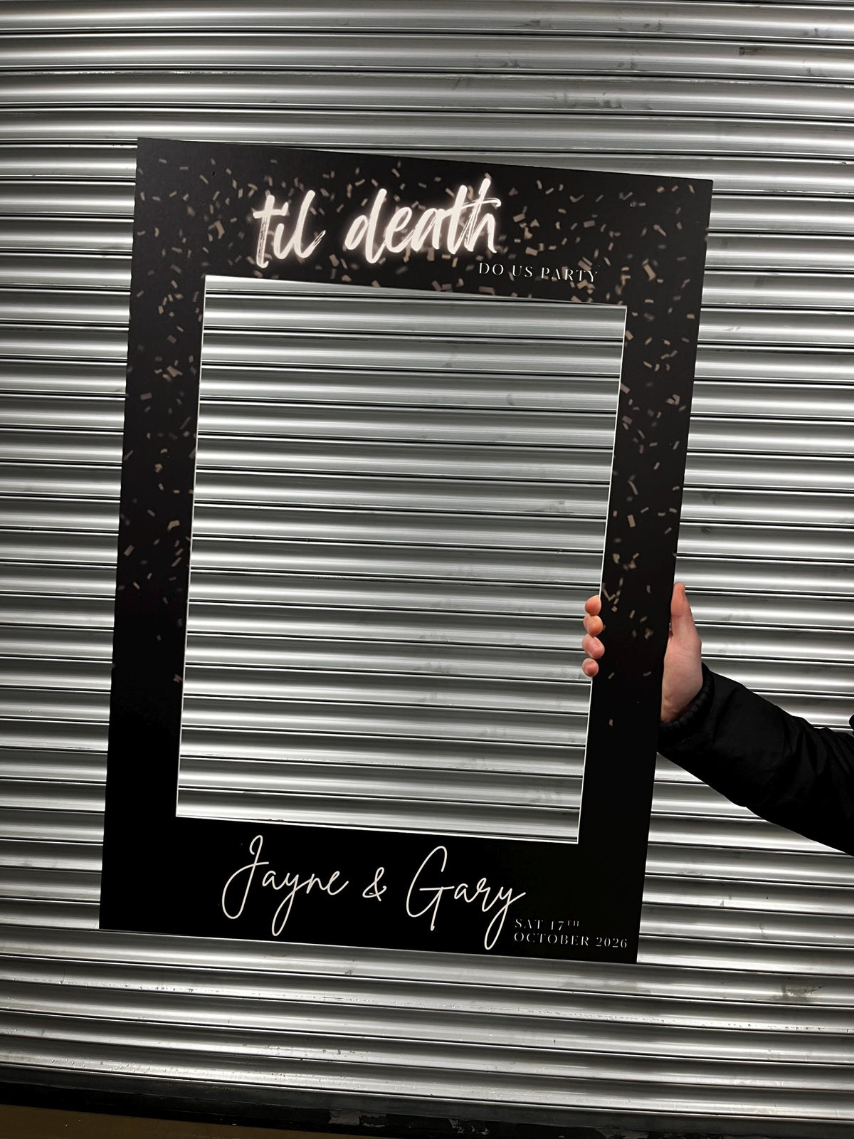 Til Death Do Us Party Selfie Frame | Disco Wedding Photo Booth Frame | Personalised Engagement Party Decor | Black & Silver Wedding Sign