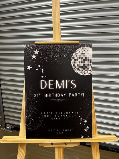 Personalised Milestone Birthday Welcome Board | Disco Birthday Sign | 30th 40th 50th Birthday Decor | Black & Silver Party Sign