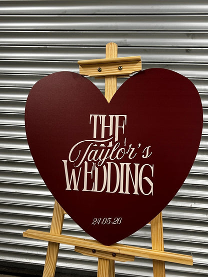Personalised Wedding Welcome Sign – Elegant Burgundy Heart Board – Custom Surname Wedding Decor