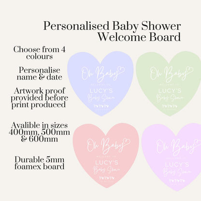 Personalised Baby Shower Welcome Sign | Custom Oh Baby Heart Board | Entrance Sign | Modern Baby Shower Decor | Available in 4 Colours