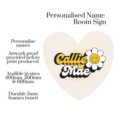 Personalised Retro Daisy Room Sign | Custom Name Heart Bedroom Door Sign | Groovy Flower Room Decor | Nursery Wall Name Sign | Door Plaque