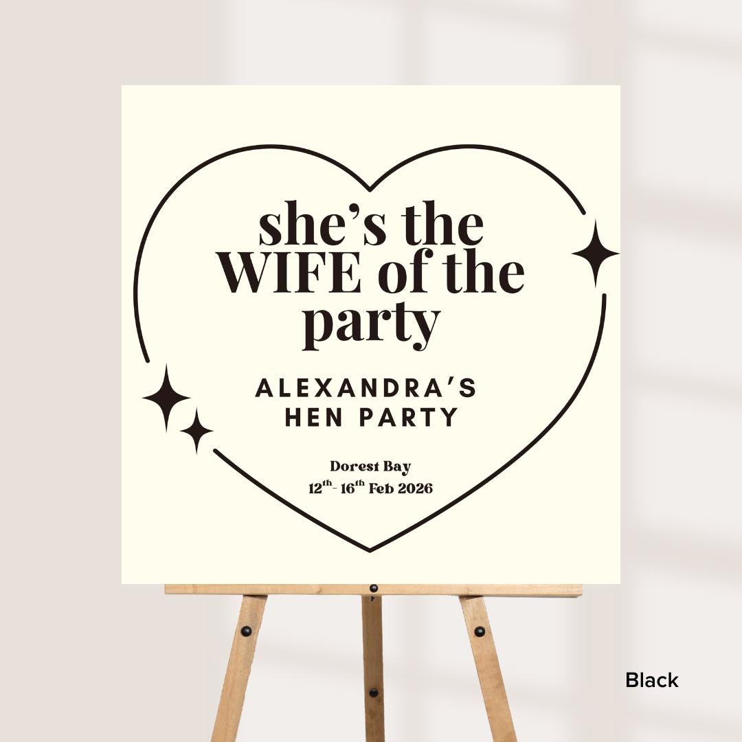 Personalised Hen Party Welcome Sign – “She’s the Wife of the Party” – Custom Bride Sign – Hen Weekend Decor – Bridal Par