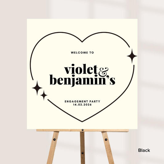 Personalised Engagement Party Welcome Sign – Custom Couple Names Board – Engagement Celebration Decor – Modern Heart Wel