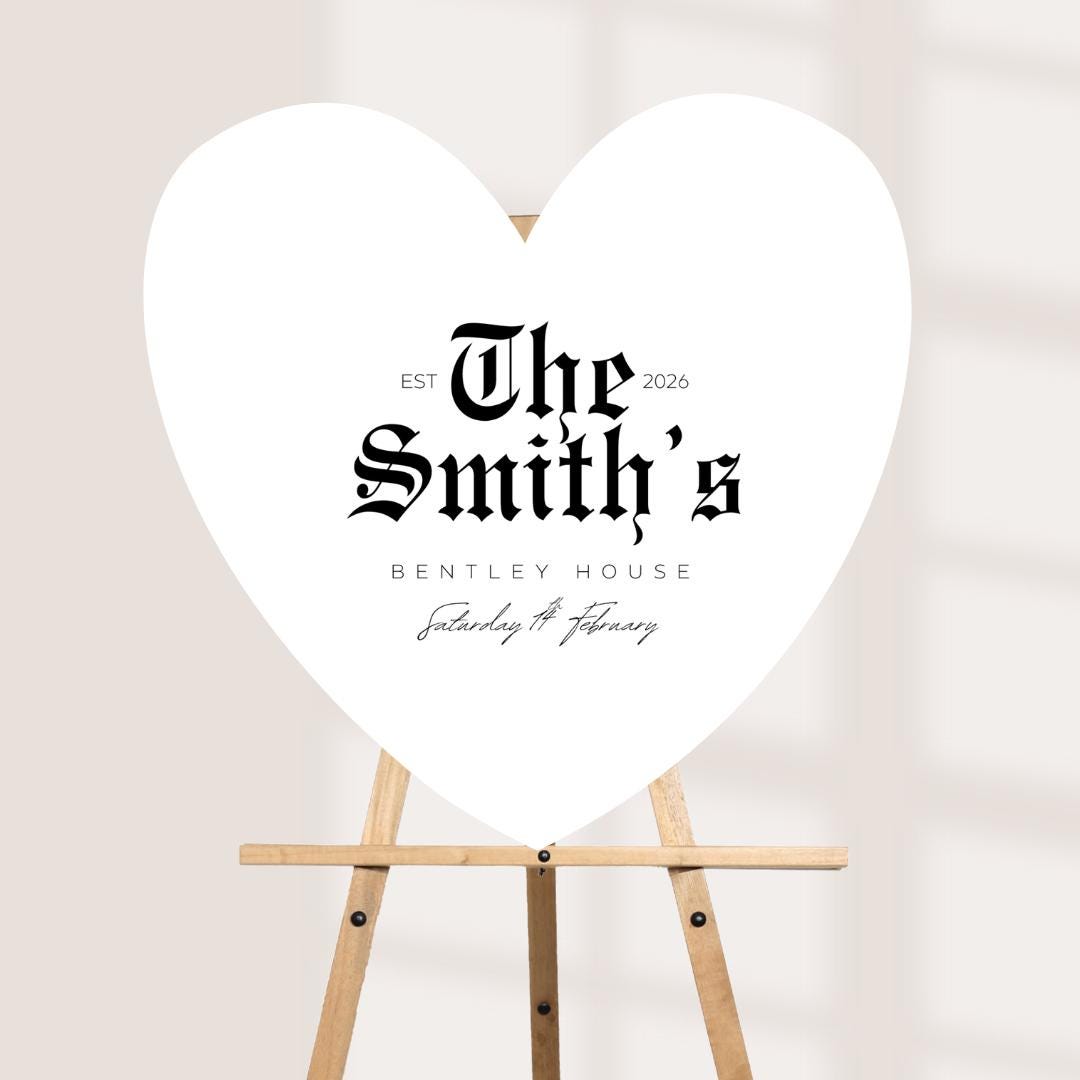 Personalised Wedding Welcome Sign – Modern Gothic Heart Board – Custom Couple Names Sign – Engagement or Wedding Decor