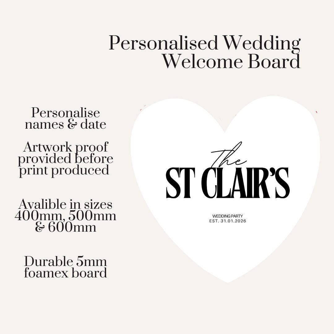 Personalised Wedding Welcome Sign – Modern Surname Heart Board – Minimalist Wedding Entrance Sign – Custom Couple Name Decor