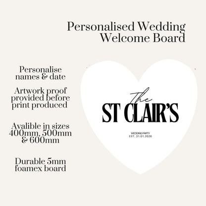 Personalised Wedding Welcome Sign – Modern Surname Heart Board – Minimalist Wedding Entrance Sign – Custom Couple Name Decor