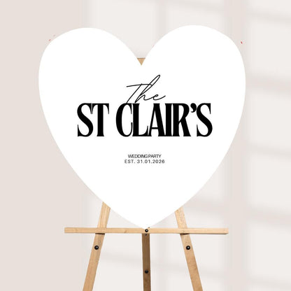Personalised Wedding Welcome Sign – Modern Surname Heart Board – Minimalist Wedding Entrance Sign – Custom Couple Name D