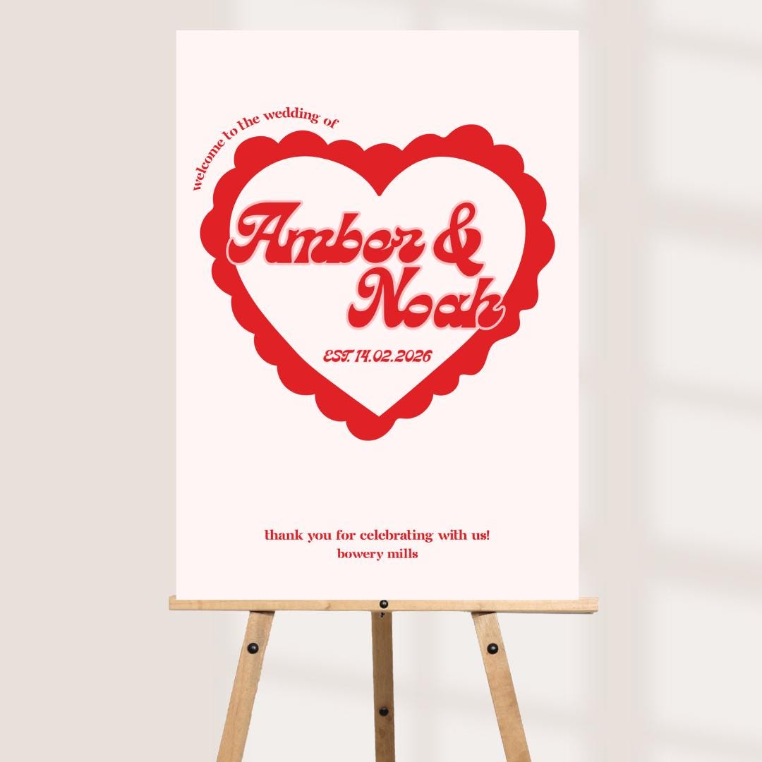 Personalised Wedding Welcome Sign – Retro Heart Engagement Party Board – Custom Couple Names Sign – Fun Modern Wedding D