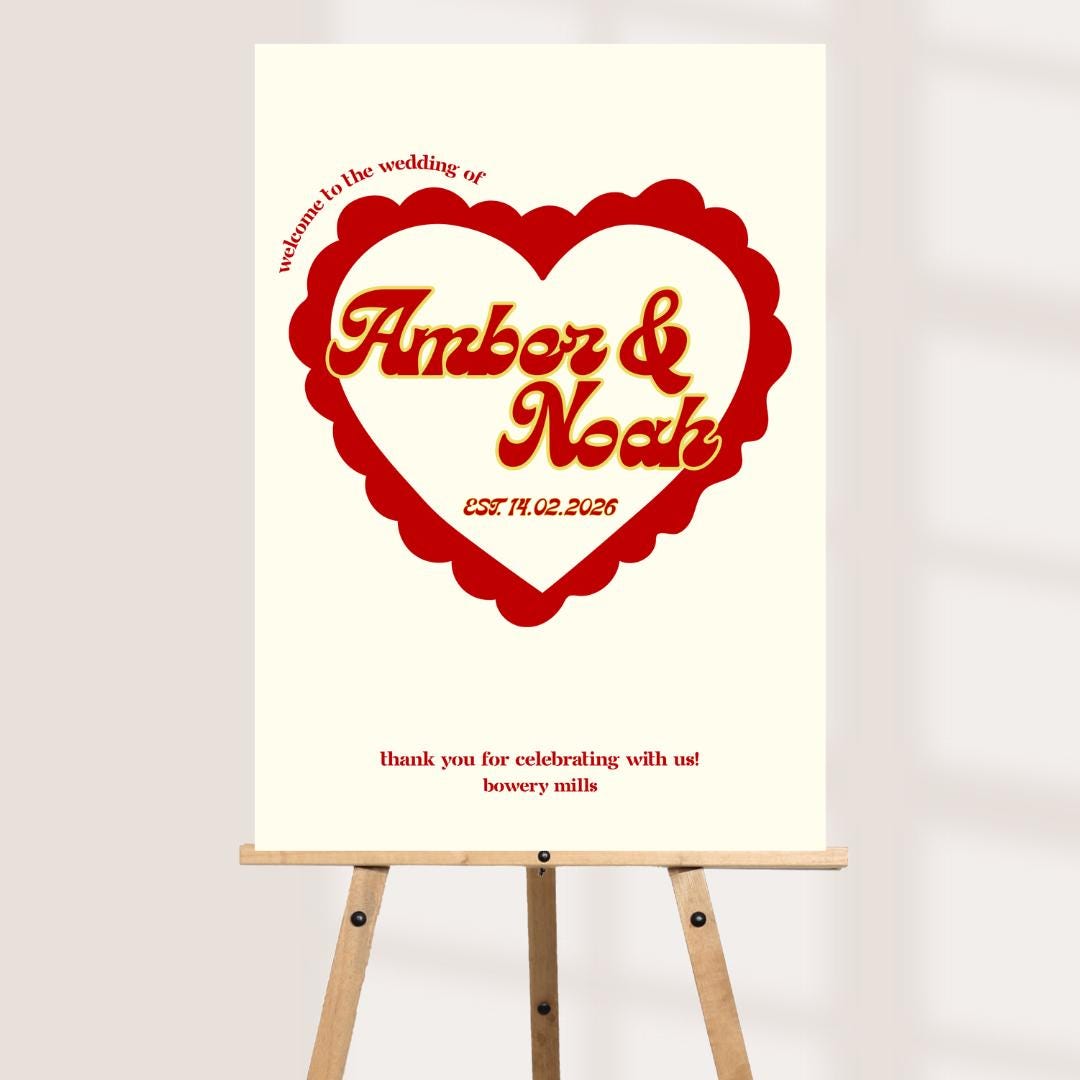 Personalised Wedding Welcome Sign – Retro Heart Engagement Party Board – Custom Couple Names Sign – Fun Modern Wedding Decor 2 Colours