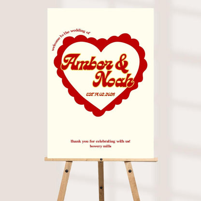 Personalised Wedding Welcome Sign – Retro Heart Engagement Party Board – Custom Couple Names Sign – Fun Modern Wedding Decor 2 Colours