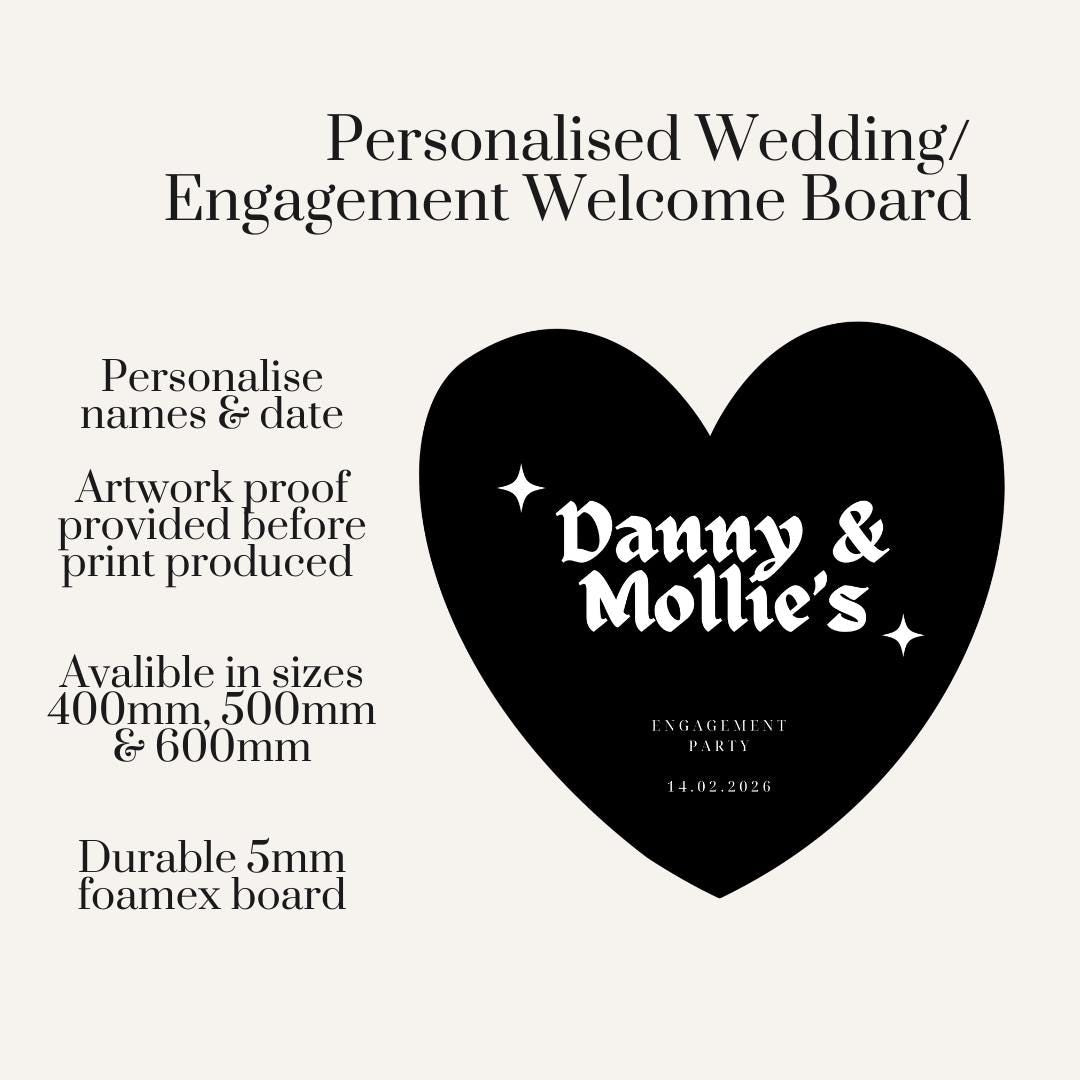 Personalised Engagement Party Welcome Sign – Black Heart Couple Names Board – Modern Gothic Wedding Decor – Custom Party Sign
