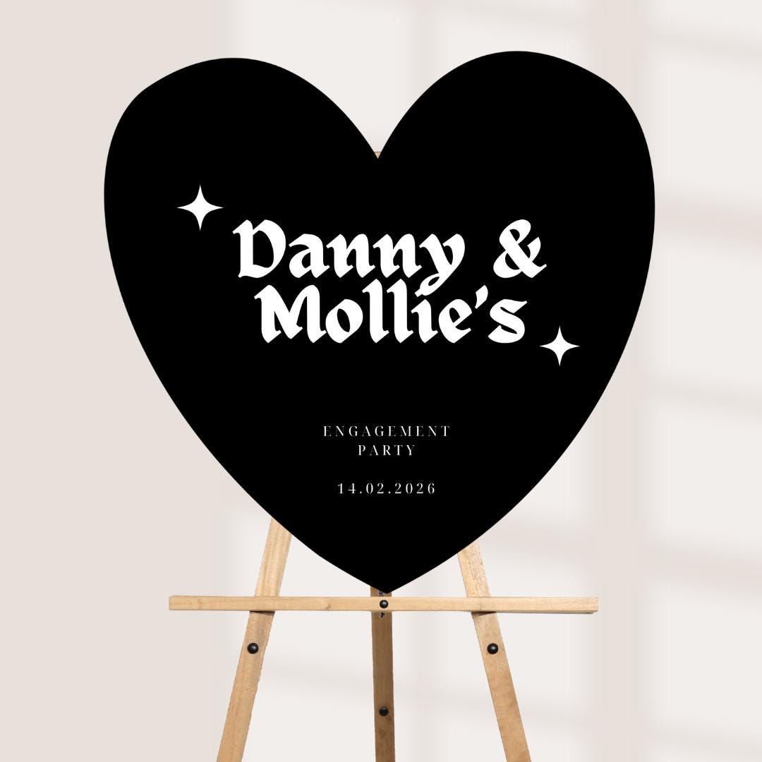 Personalised Engagement Party Welcome Sign – Black Heart Couple Names Board – Modern Gothic Wedding Decor – Custom Party