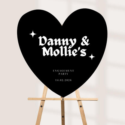 Personalised Engagement Party Welcome Sign – Black Heart Couple Names Board – Modern Gothic Wedding Decor – Custom Party