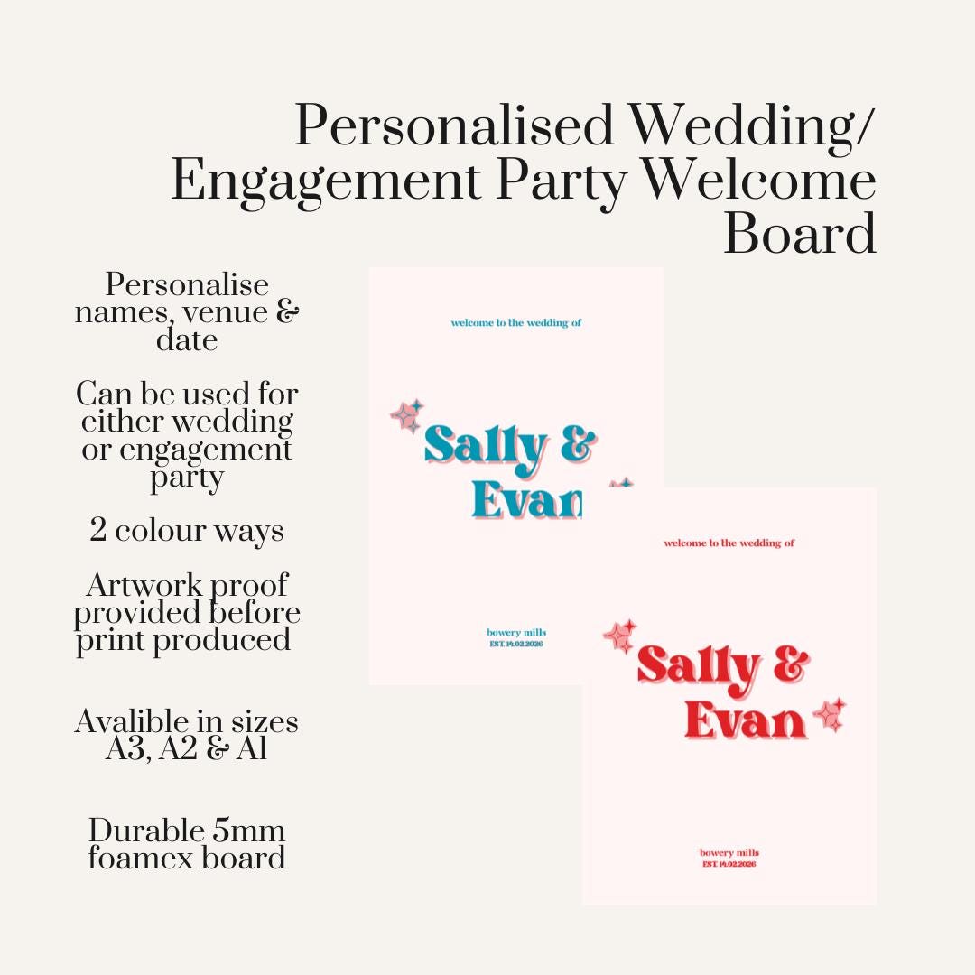 Personalised Wedding Welcome Sign – Retro Names Engagement Party Board – Fun Modern Couple Sign – Custom Wedding Decor